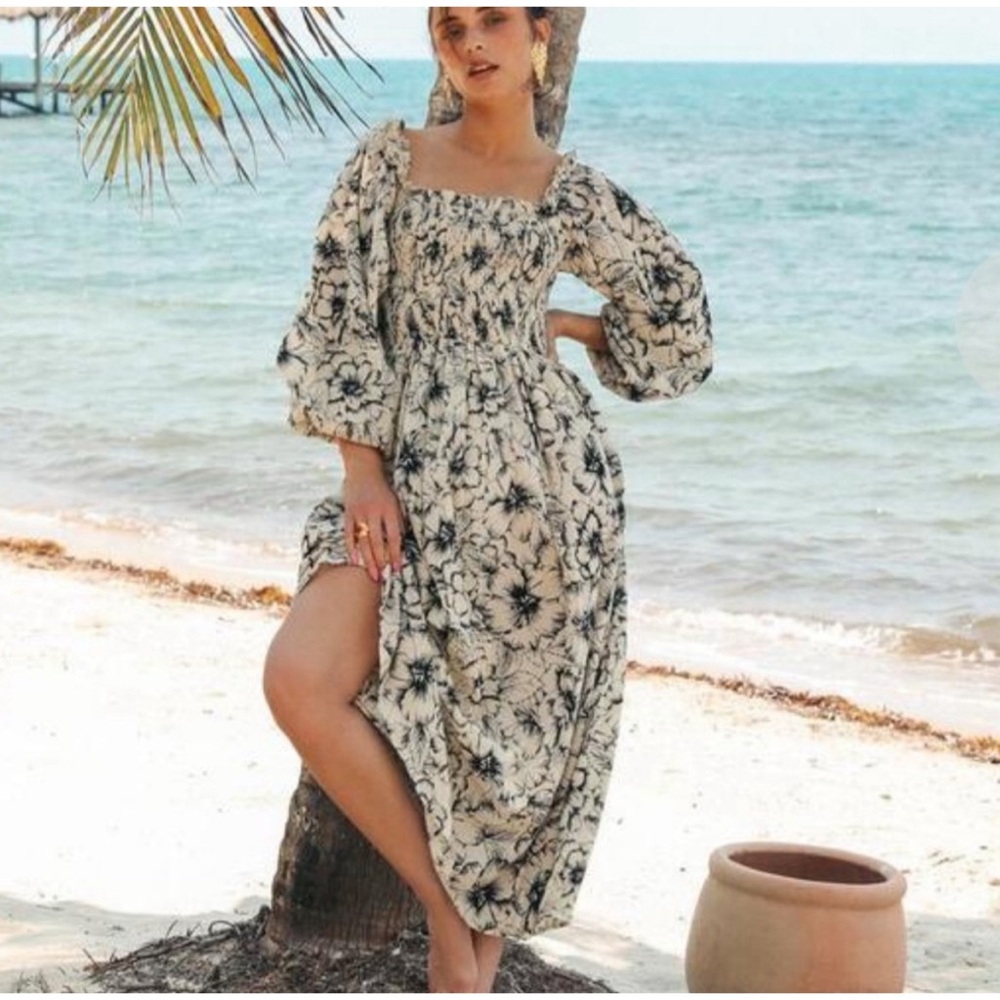 Mille Resort Wear Catherine Sand Hibiscus puff sleeve midi dress NWOT